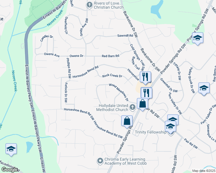 map of restaurants, bars, coffee shops, grocery stores, and more near 2436 Justin Dr SW in Marietta