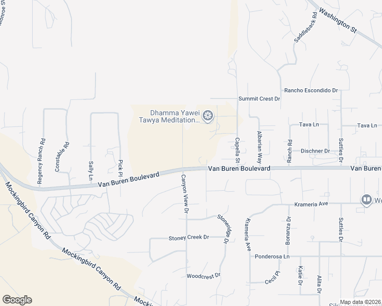 map of restaurants, bars, coffee shops, grocery stores, and more near 16280 Whispering Spur Street in Riverside