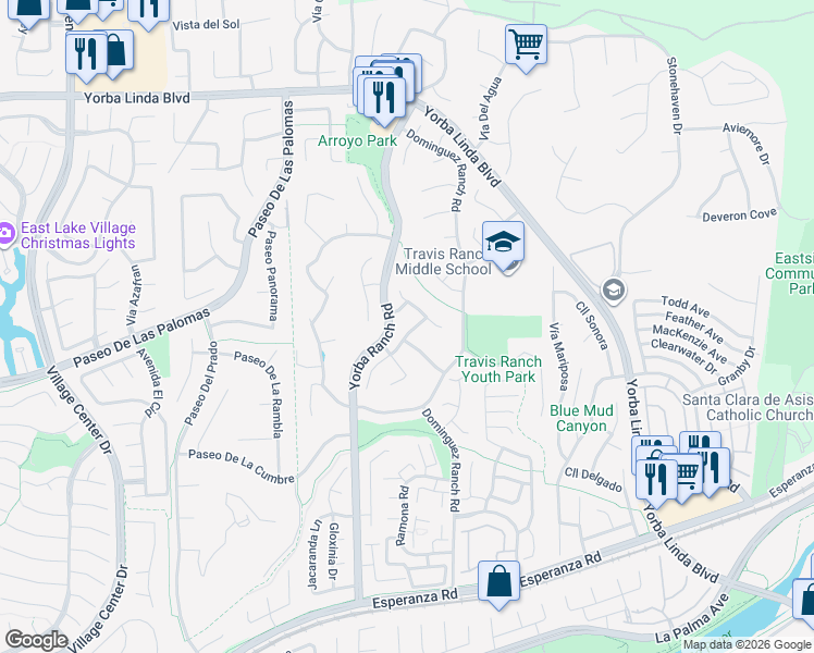 map of restaurants, bars, coffee shops, grocery stores, and more near 5431 Vía Ontiveros in Yorba Linda
