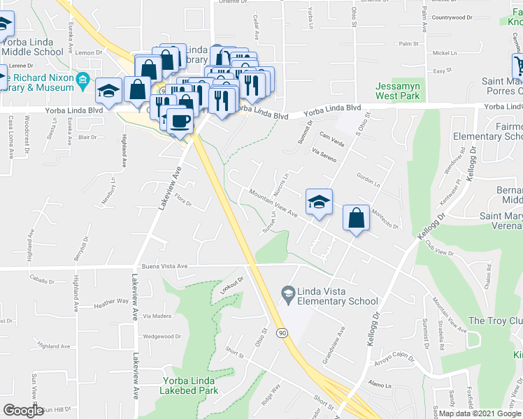 map of restaurants, bars, coffee shops, grocery stores, and more near 5295 Mountain View Avenue in Yorba Linda