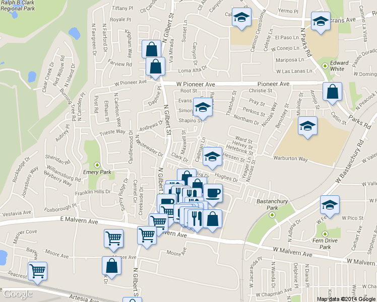 map of restaurants, bars, coffee shops, grocery stores, and more near 1249 Olson Drive in Fullerton