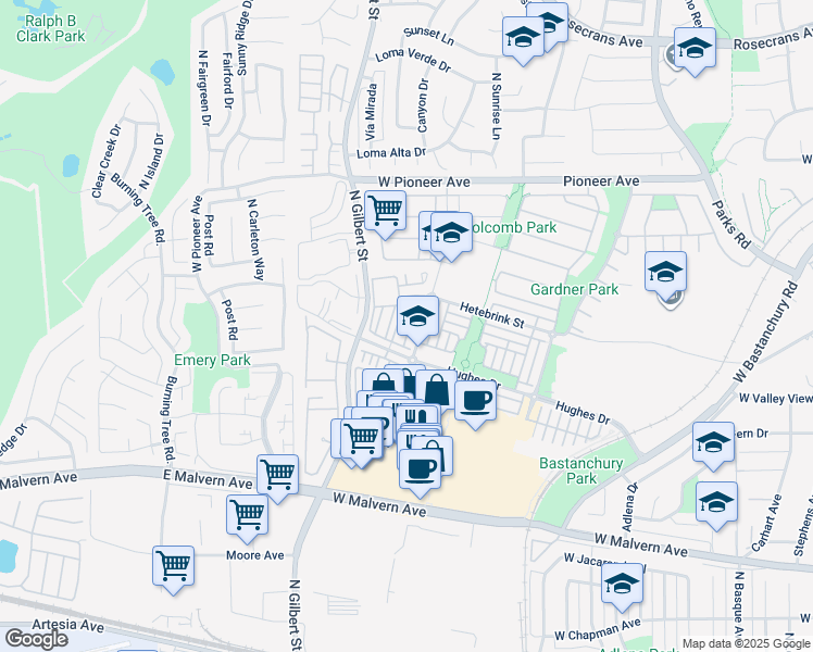 map of restaurants, bars, coffee shops, grocery stores, and more near 1249 Olson Drive in Fullerton
