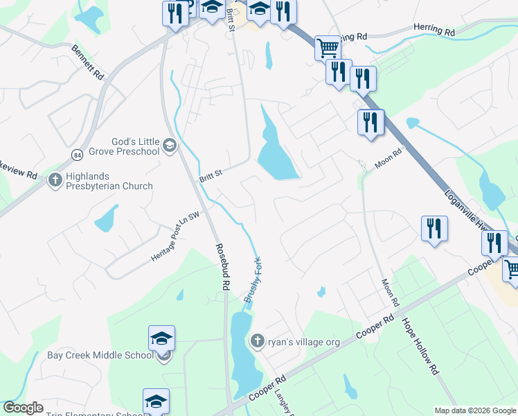 map of restaurants, bars, coffee shops, grocery stores, and more near 2442 Alexander Top Place in Grayson