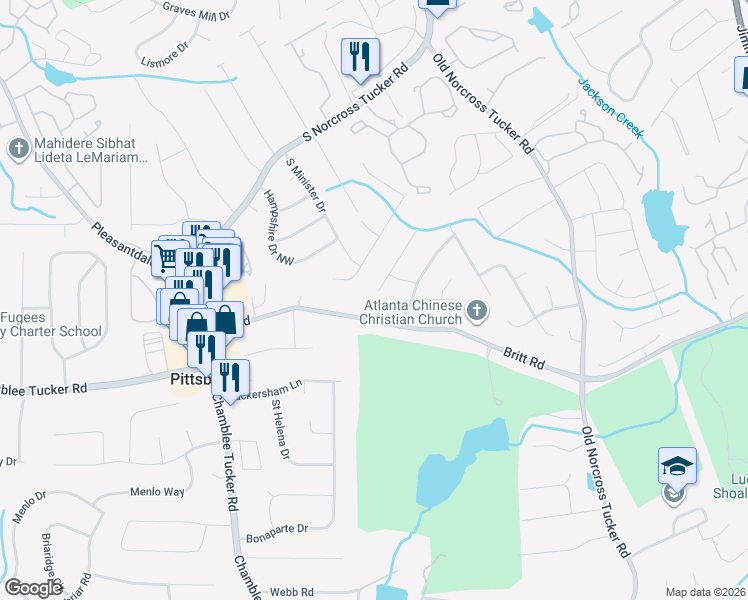 map of restaurants, bars, coffee shops, grocery stores, and more near 4316 Britt Road in Tucker