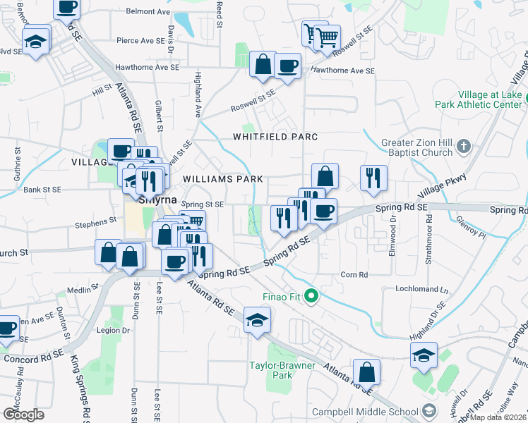 map of restaurants, bars, coffee shops, grocery stores, and more near 1554 Spring Street Southeast in Smyrna