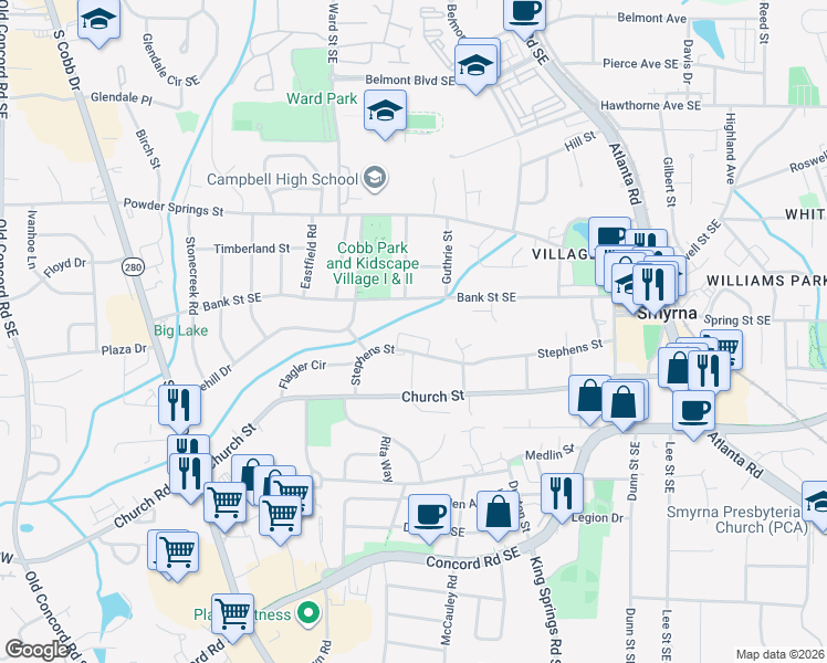map of restaurants, bars, coffee shops, grocery stores, and more near 1102 Madison Lane South East in Smyrna