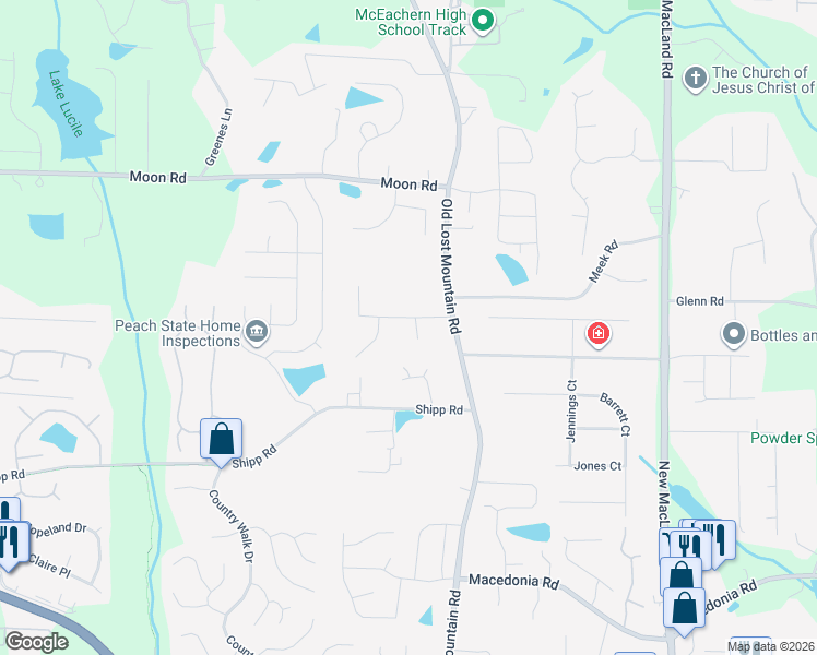 map of restaurants, bars, coffee shops, grocery stores, and more near 2850 Rising Sun Trail in Powder Springs