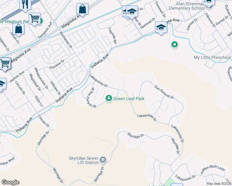 map of restaurants, bars, coffee shops, grocery stores, and more near 12023 East Sun Canyon Street in Riverside