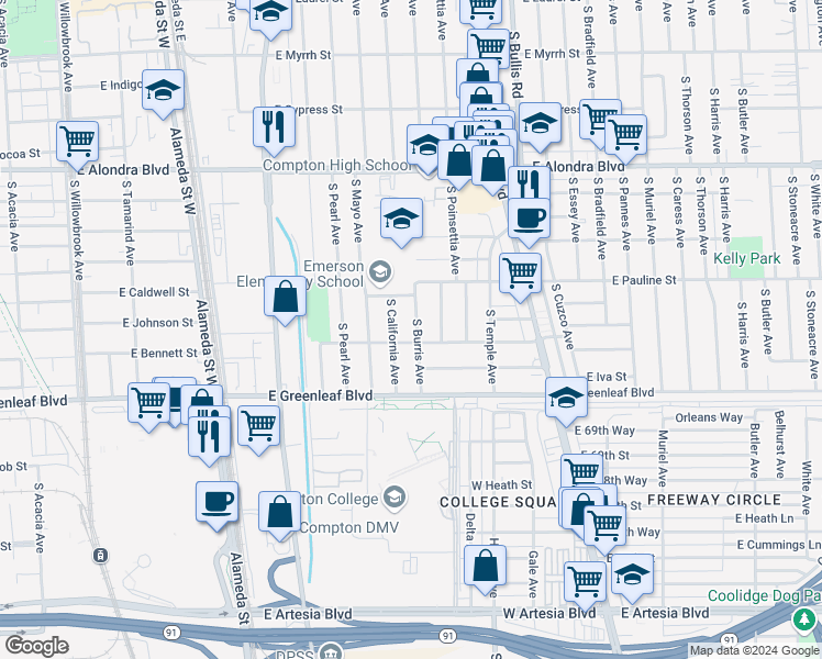 map of restaurants, bars, coffee shops, grocery stores, and more near 1413 South Burris Avenue in Compton
