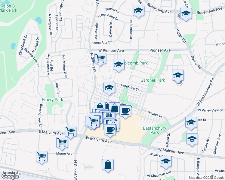 map of restaurants, bars, coffee shops, grocery stores, and more near 1254 Starbuck Street in Fullerton