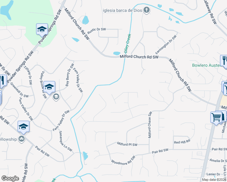 map of restaurants, bars, coffee shops, grocery stores, and more near 2920 Milford Courts Southwest in Marietta