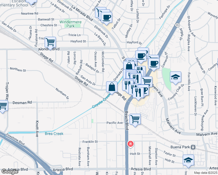 map of restaurants, bars, coffee shops, grocery stores, and more near 7744 Granada Drive in Buena Park