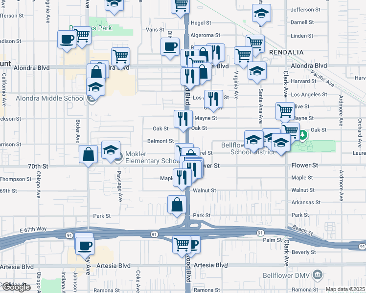 map of restaurants, bars, coffee shops, grocery stores, and more near 16615 Lakewood Boulevard in Bellflower