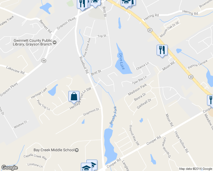 map of restaurants, bars, coffee shops, grocery stores, and more near 2442 Alexander Top Place in Grayson