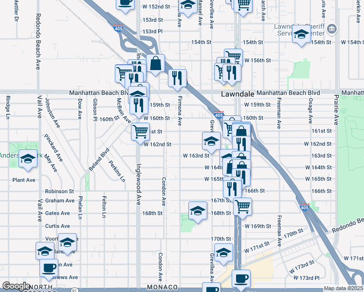 map of restaurants, bars, coffee shops, grocery stores, and more near 4578 West 162nd Street in Lawndale