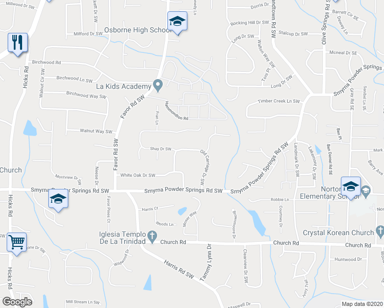 map of restaurants, bars, coffee shops, grocery stores, and more near 2855 Old Carriage Drive Southwest in Marietta