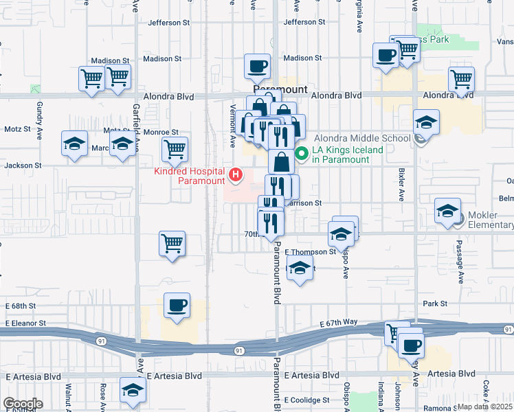 map of restaurants, bars, coffee shops, grocery stores, and more near 16603 Eureka Avenue in Paramount