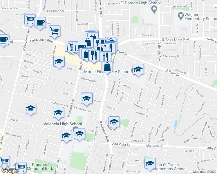 map of restaurants, bars, coffee shops, grocery stores, and more near 1213 North Vecino Lane in Placentia