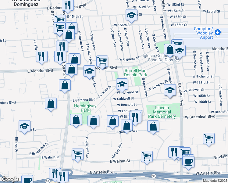map of restaurants, bars, coffee shops, grocery stores, and more near 1219 South McKinley Avenue in Compton