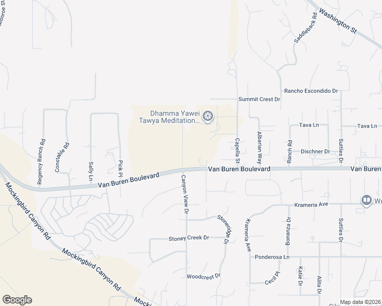 map of restaurants, bars, coffee shops, grocery stores, and more near 16280 Whispering Spur Street in Riverside