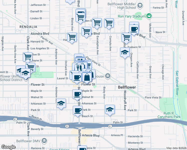 map of restaurants, bars, coffee shops, grocery stores, and more near Belmont Street in Bellflower