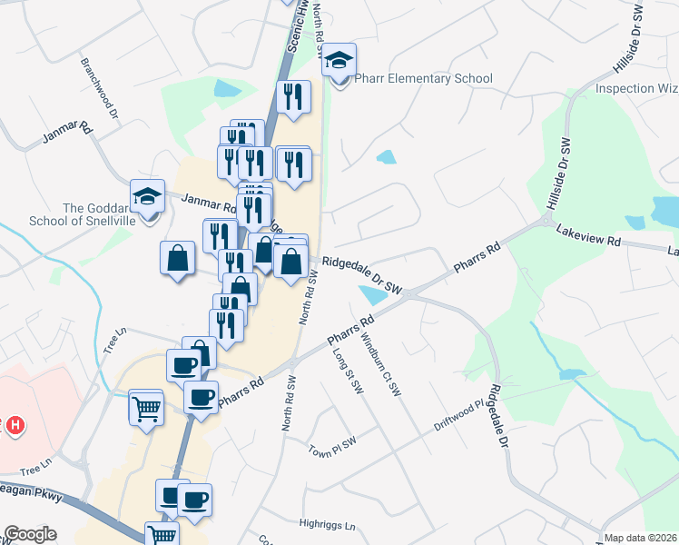 map of restaurants, bars, coffee shops, grocery stores, and more near 1719 Ridgedale Drive in Snellville