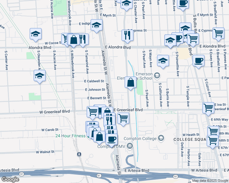 map of restaurants, bars, coffee shops, grocery stores, and more near 1324 Alameda Street East in Compton