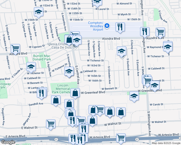 map of restaurants, bars, coffee shops, grocery stores, and more near 1620 West Caldwell Street in Compton