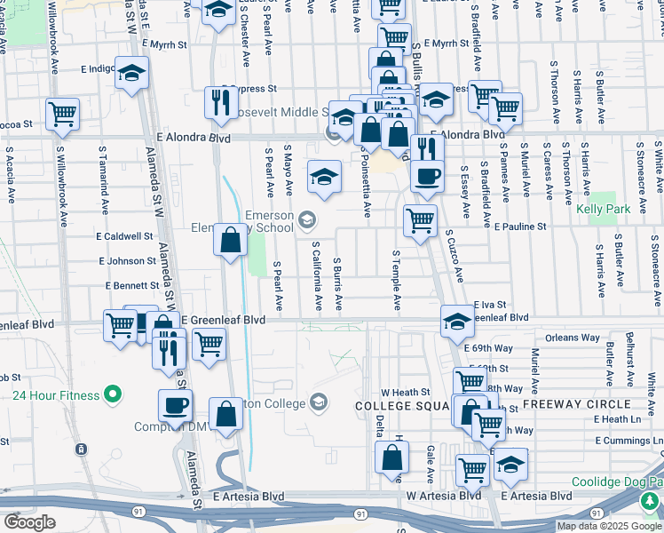 map of restaurants, bars, coffee shops, grocery stores, and more near 1413 South Burris Avenue in Compton