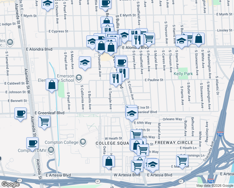 map of restaurants, bars, coffee shops, grocery stores, and more near 1360 East Schinner Street in Compton