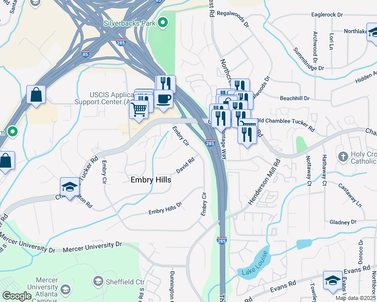 map of restaurants, bars, coffee shops, grocery stores, and more near 3671 Embry Circle in Chamblee