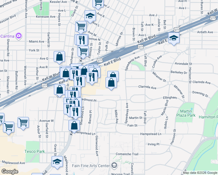 map of restaurants, bars, coffee shops, grocery stores, and more near 3001 Kemp Boulevard in Wichita Falls