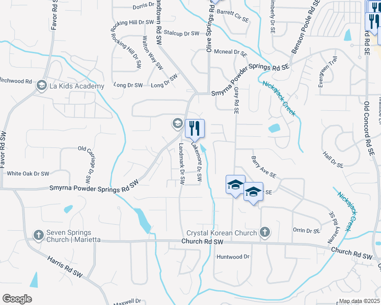 map of restaurants, bars, coffee shops, grocery stores, and more near 2889 Lakemont Place Southwest in Marietta