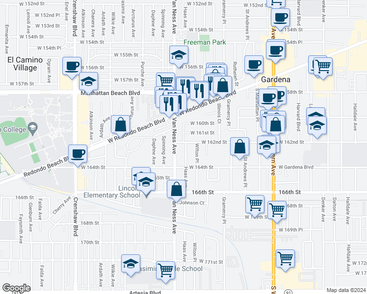 map of restaurants, bars, coffee shops, grocery stores, and more near 16209 Haas Avenue in Torrance