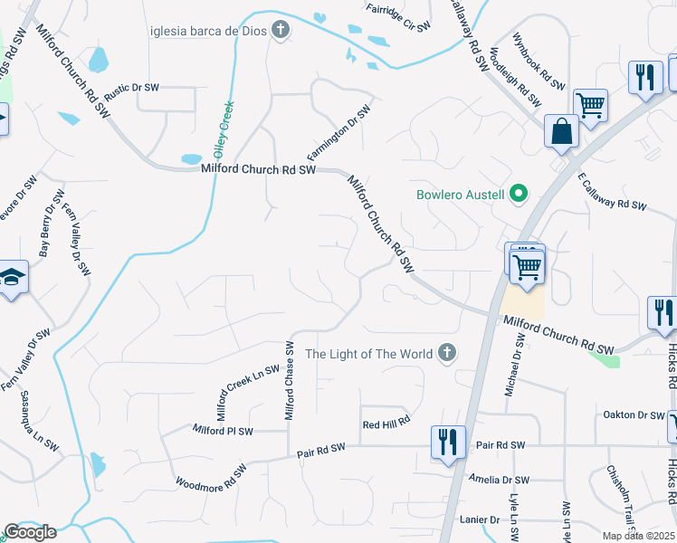 map of restaurants, bars, coffee shops, grocery stores, and more near 3080 Milford Chase Southwest in Marietta