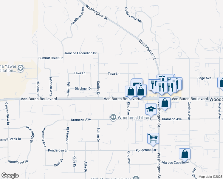 map of restaurants, bars, coffee shops, grocery stores, and more near 16630 Arabian Avenue in Riverside