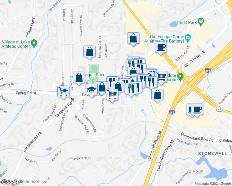 map of restaurants, bars, coffee shops, grocery stores, and more near 2793 Bell Drive Southeast in Smyrna