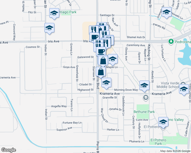 map of restaurants, bars, coffee shops, grocery stores, and more near 16316 Starview Street in Moreno Valley