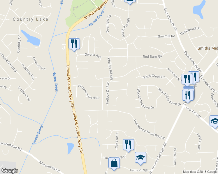 map of restaurants, bars, coffee shops, grocery stores, and more near 3003 Fetlock Drive Southwest in Marietta