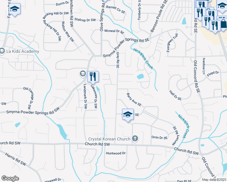 map of restaurants, bars, coffee shops, grocery stores, and more near 2868 Gray Road in Smyrna