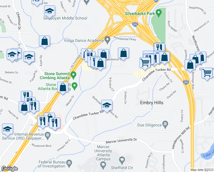 map of restaurants, bars, coffee shops, grocery stores, and more near 3218 North Embry Circle in Chamblee