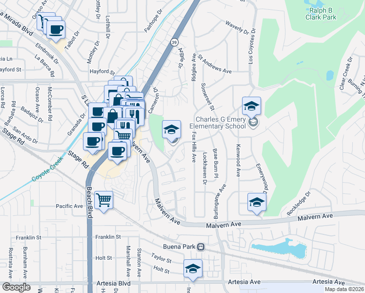 map of restaurants, bars, coffee shops, grocery stores, and more near 5445 Barrett Circle in Buena Park