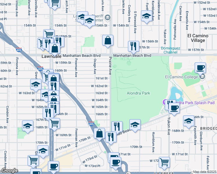 map of restaurants, bars, coffee shops, grocery stores, and more near 4006 West 162nd Street in Lawndale