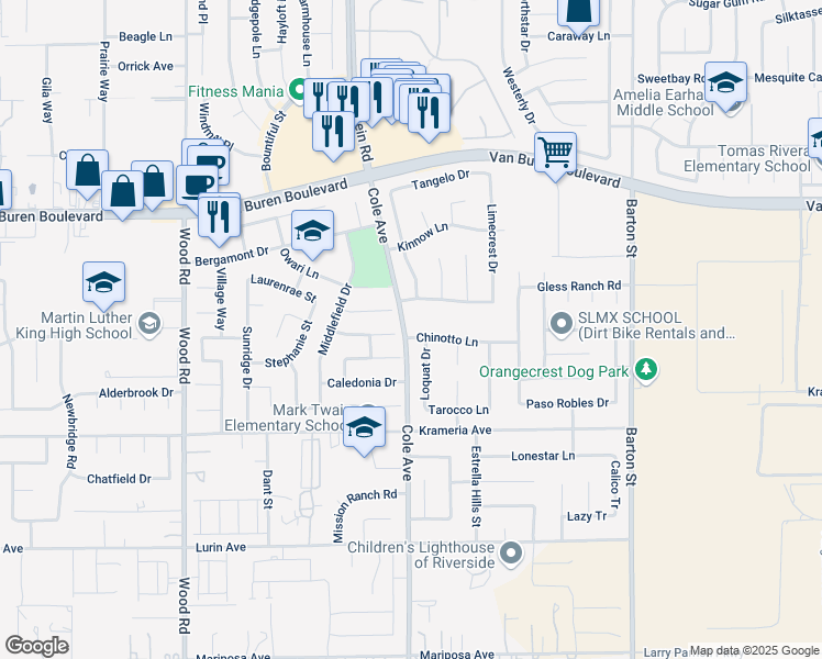 map of restaurants, bars, coffee shops, grocery stores, and more near 19500 Chinotto Lane in Riverside