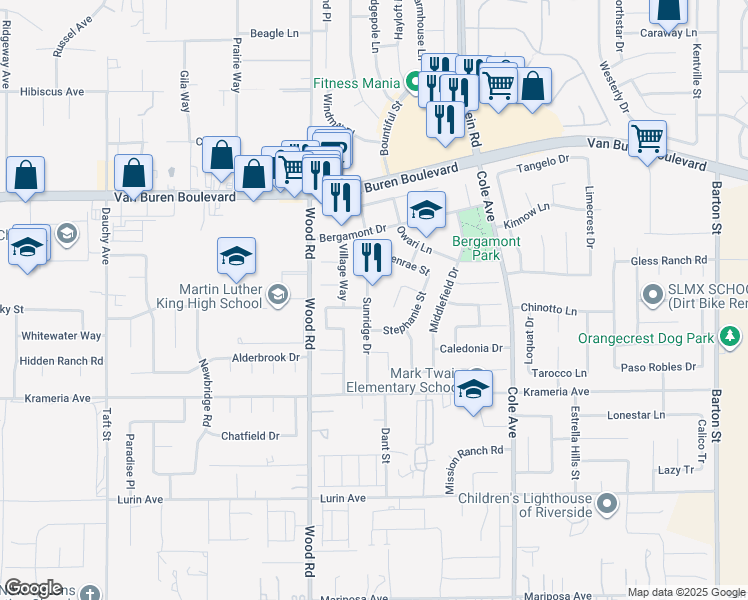 map of restaurants, bars, coffee shops, grocery stores, and more near 9224 Sunridge Drive in Riverside