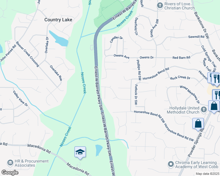 map of restaurants, bars, coffee shops, grocery stores, and more near 2723 Horseshoe Creek Dr in Marietta