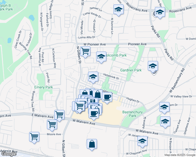 map of restaurants, bars, coffee shops, grocery stores, and more near 1261 Hopping Street in Fullerton