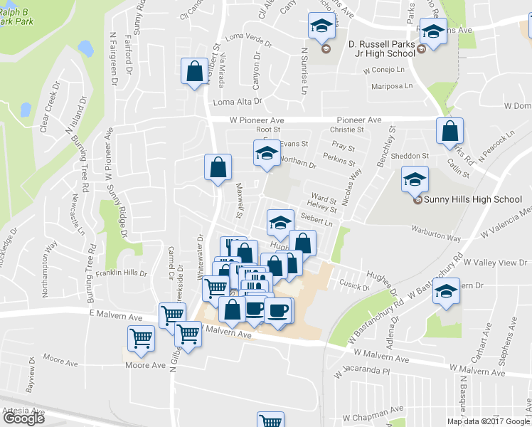 map of restaurants, bars, coffee shops, grocery stores, and more near 1261 Hopping Street in Fullerton