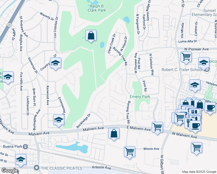 map of restaurants, bars, coffee shops, grocery stores, and more near 1211 Northampton Way in Fullerton