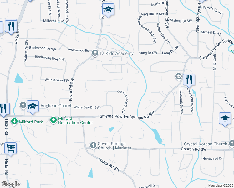 map of restaurants, bars, coffee shops, grocery stores, and more near 2845 Old Carriage Drive Southwest in Marietta